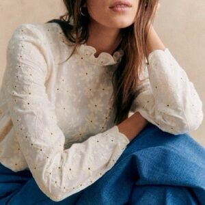 Sezane Englantine Floral Lace Long Sleeve Blouse